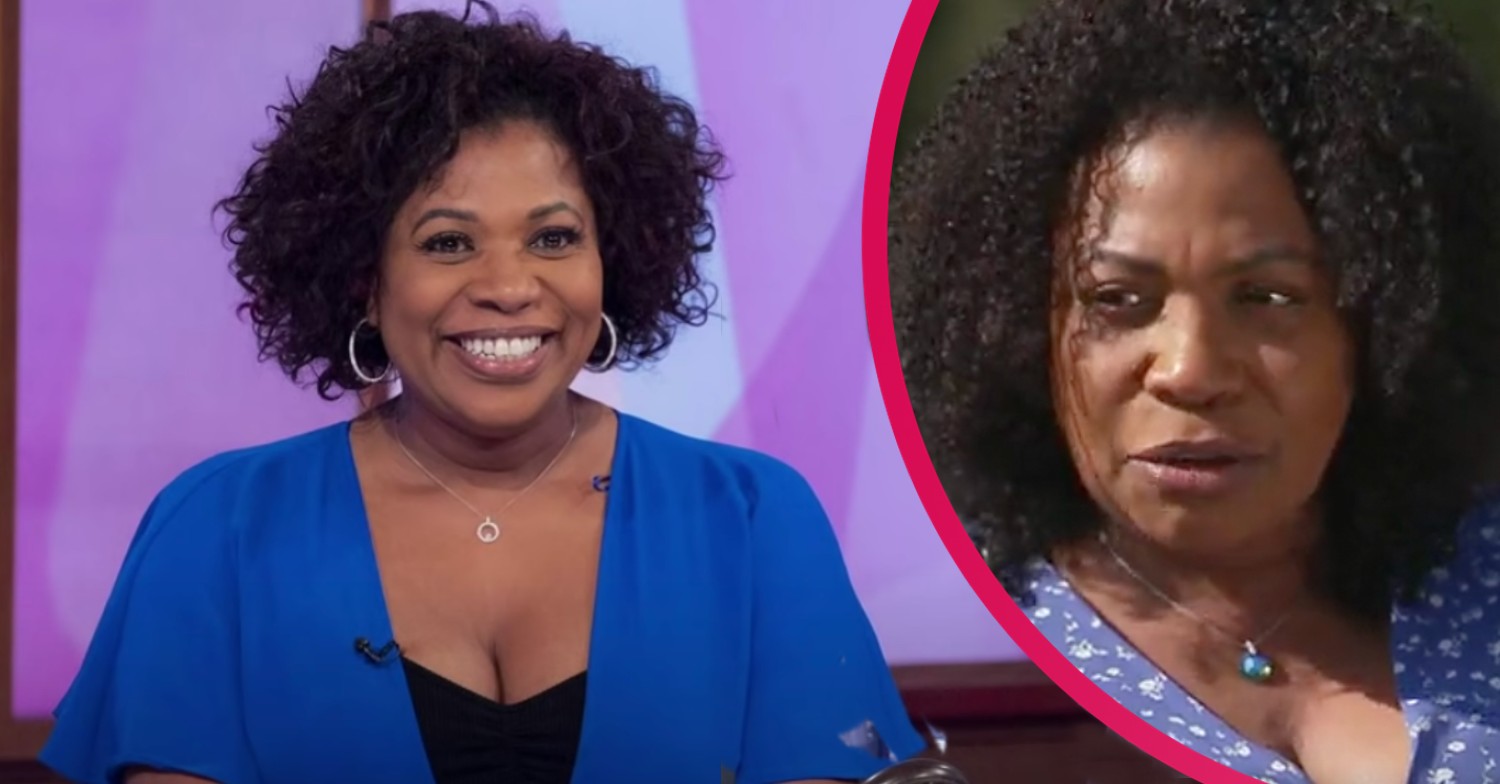 Brenda Edwards smiles in blue top on Loose Women
