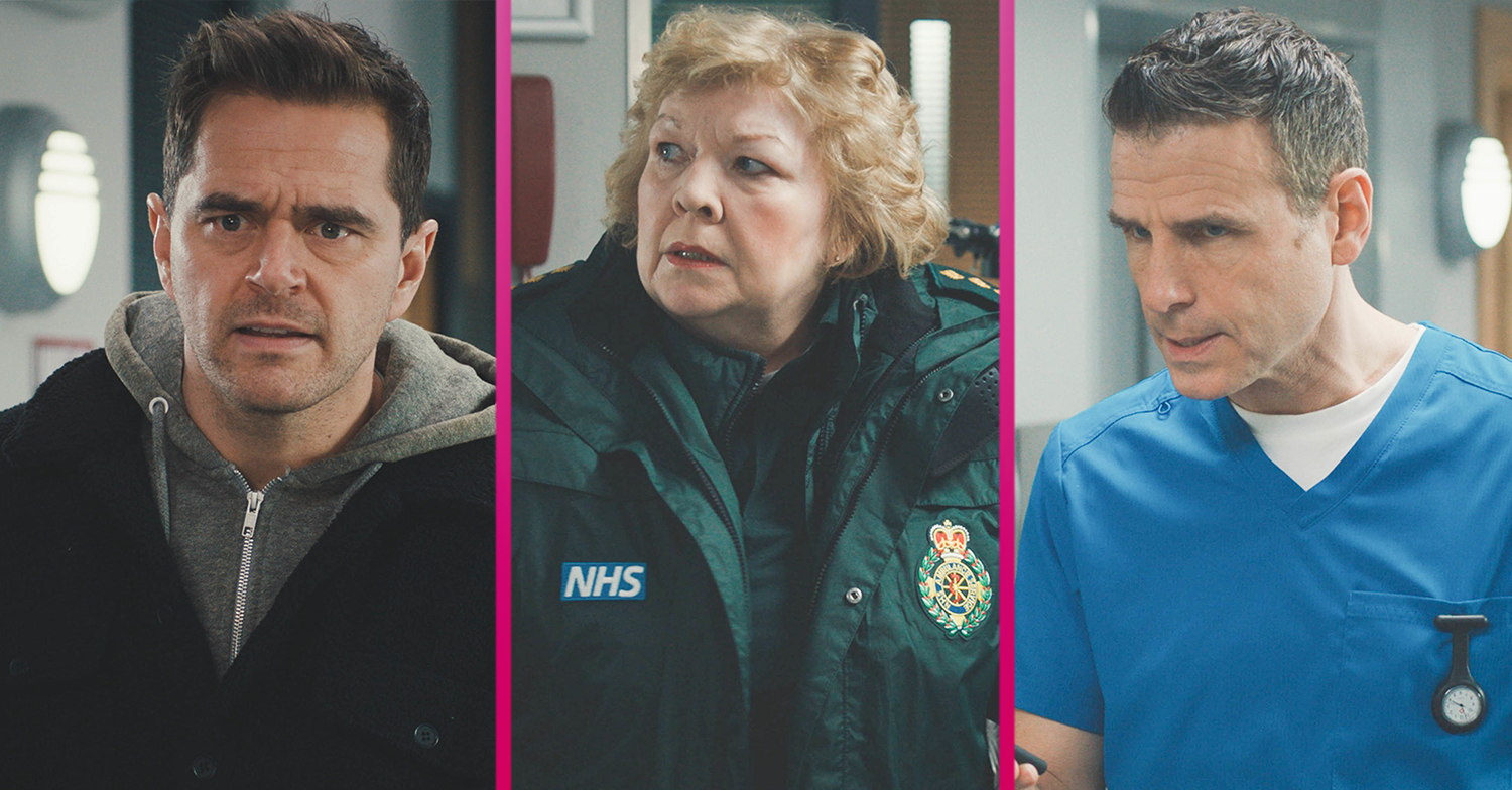 Three members of the Casualty cast looking concerned