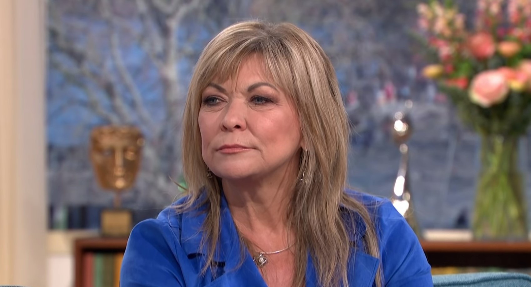 Claire King on This Morning in a blue jacket