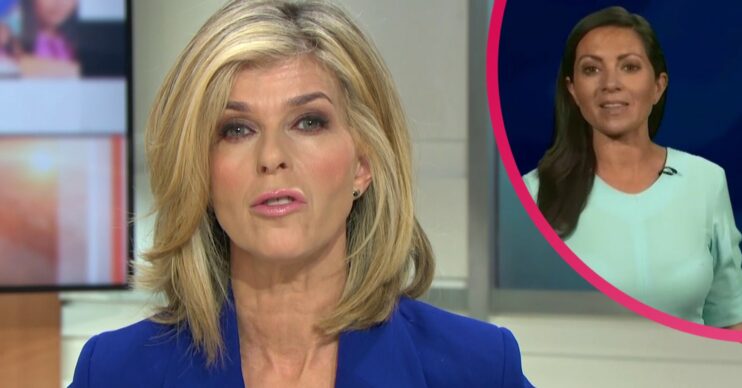 Kate Garraway in blue blazer on GMB/Clare presenting weather in blue dress