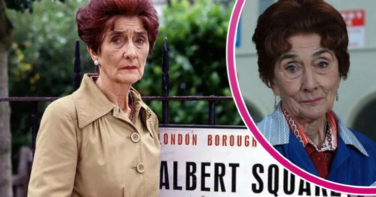 EastEnders Dot Branning - aka Cotton - by the Albert Square sign and in the launderette