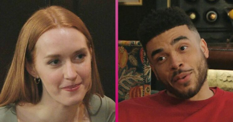 Emmerdale characters Chloe Harris and Nate Robinson flirt