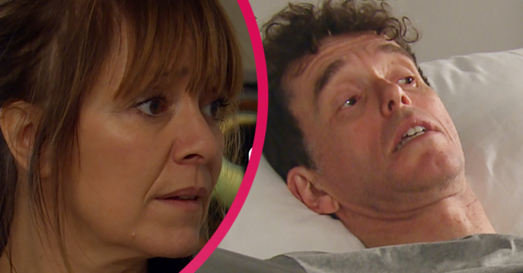 Emmerdale Rhona concerned split image with Marlon in hospital bed