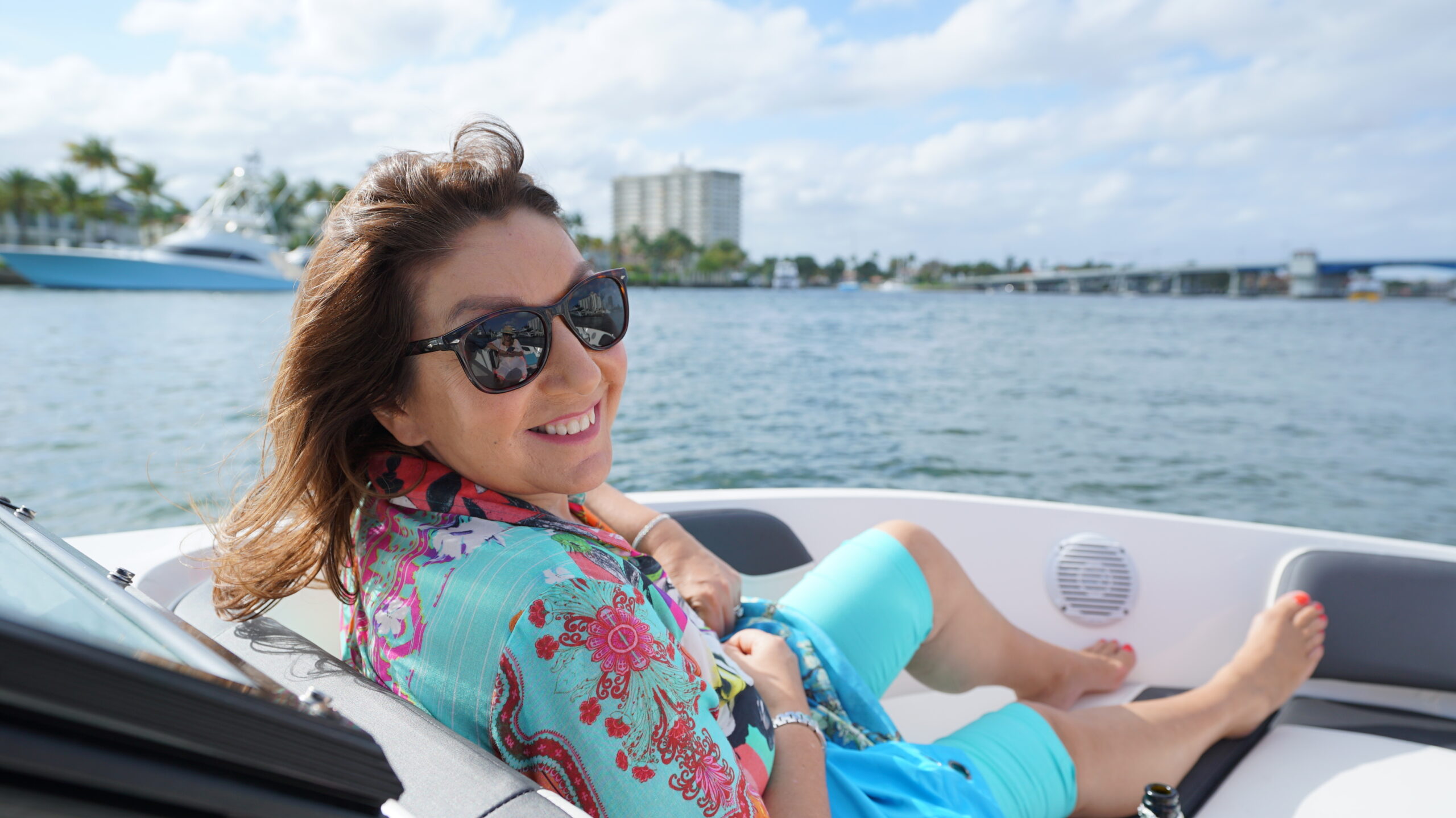Jane MCDonald smiling on holiday