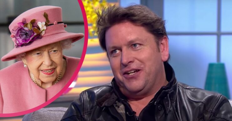 James Martin smiling in an interview and the Queen dressed all in pink in a comp image