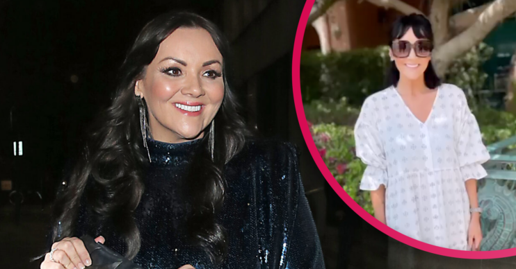 Martine McCutcheon in a black dress smiling and in a white dress on holiday