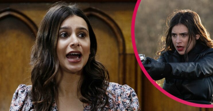 Meena in court and Meena with a gun in Emmerdale