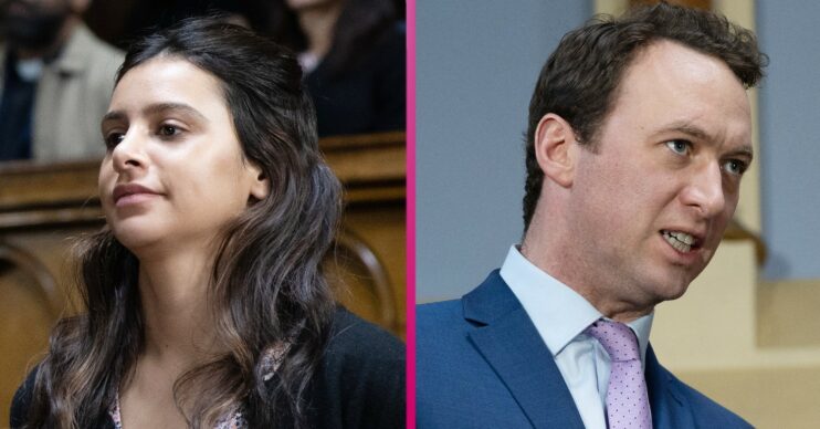 Meena and Liam in court in Emmerdale