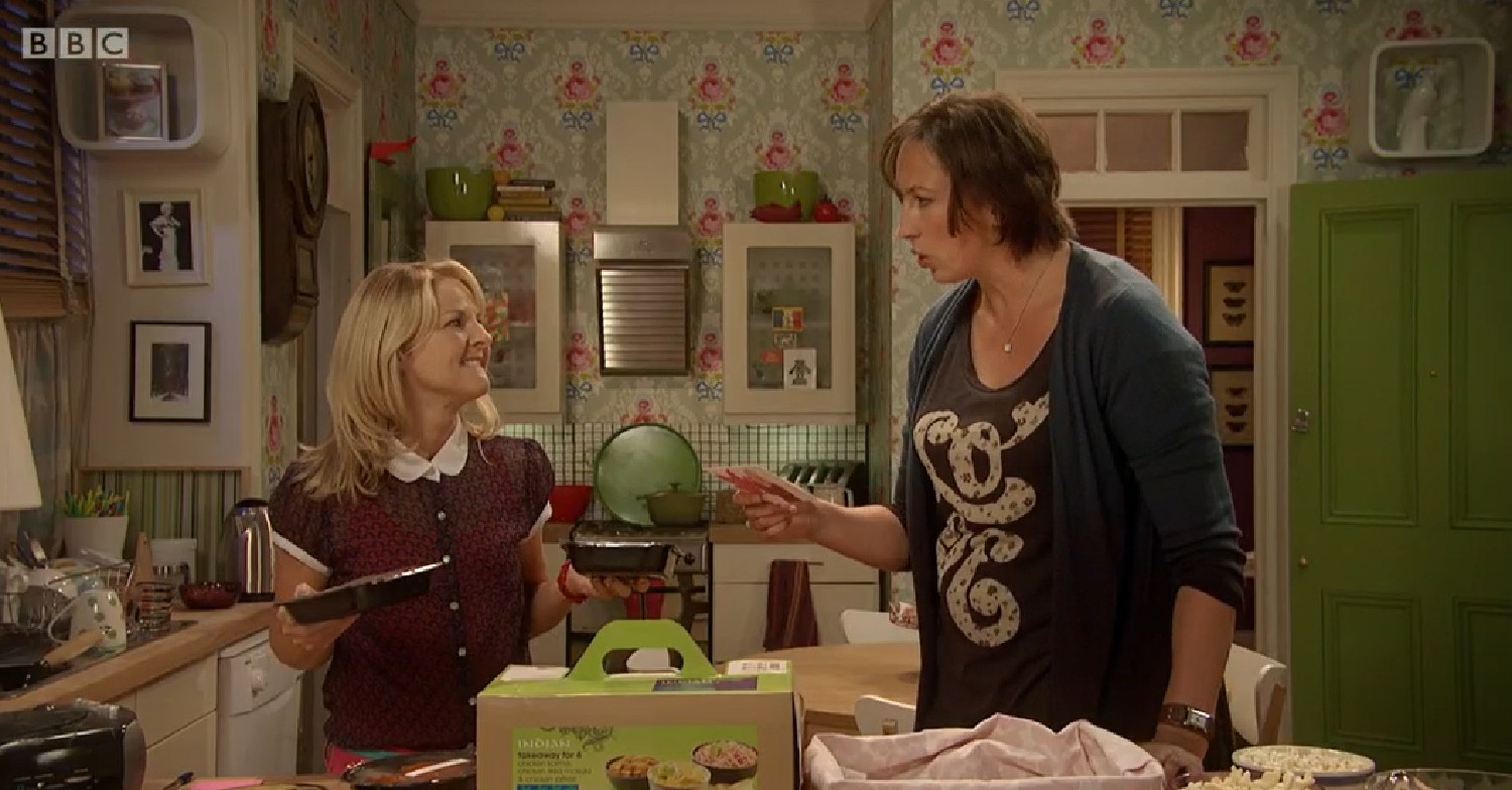 Miranda Hart speaking to Sarah Hadland on BBC series Miranda 