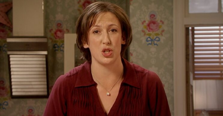 Miranda Hart in red top on BBC series