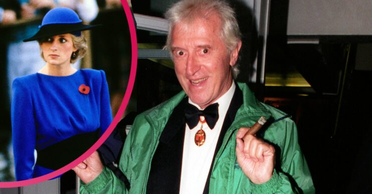Jimmy Savile playing up to the cameras with friend Princess Diana posing in a blue outfit