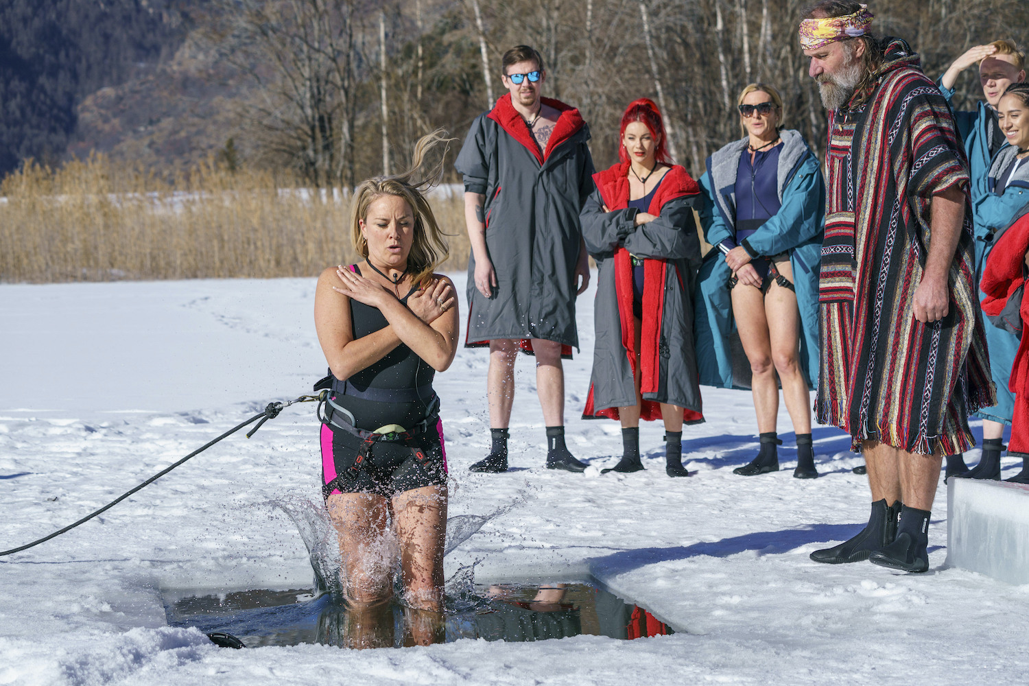 Tamzin Outhwaite looks fearless as she plunges into the icy waters on Freeze The Fear