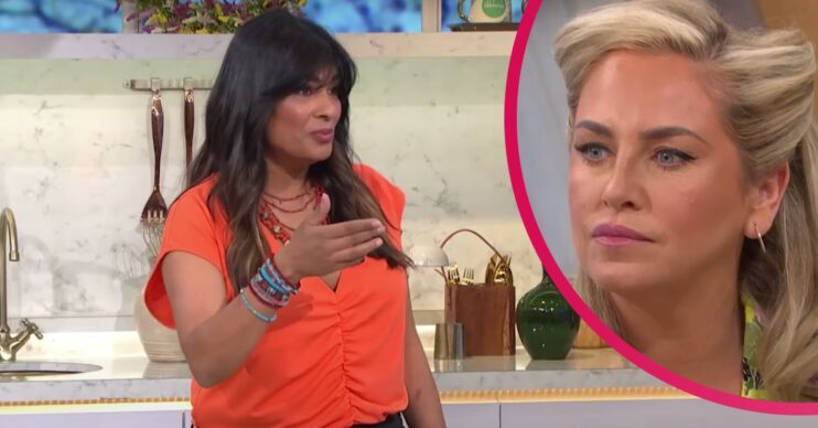 This Morning chef Nisha Katona wearing orange and Josie Gibson watching her cook