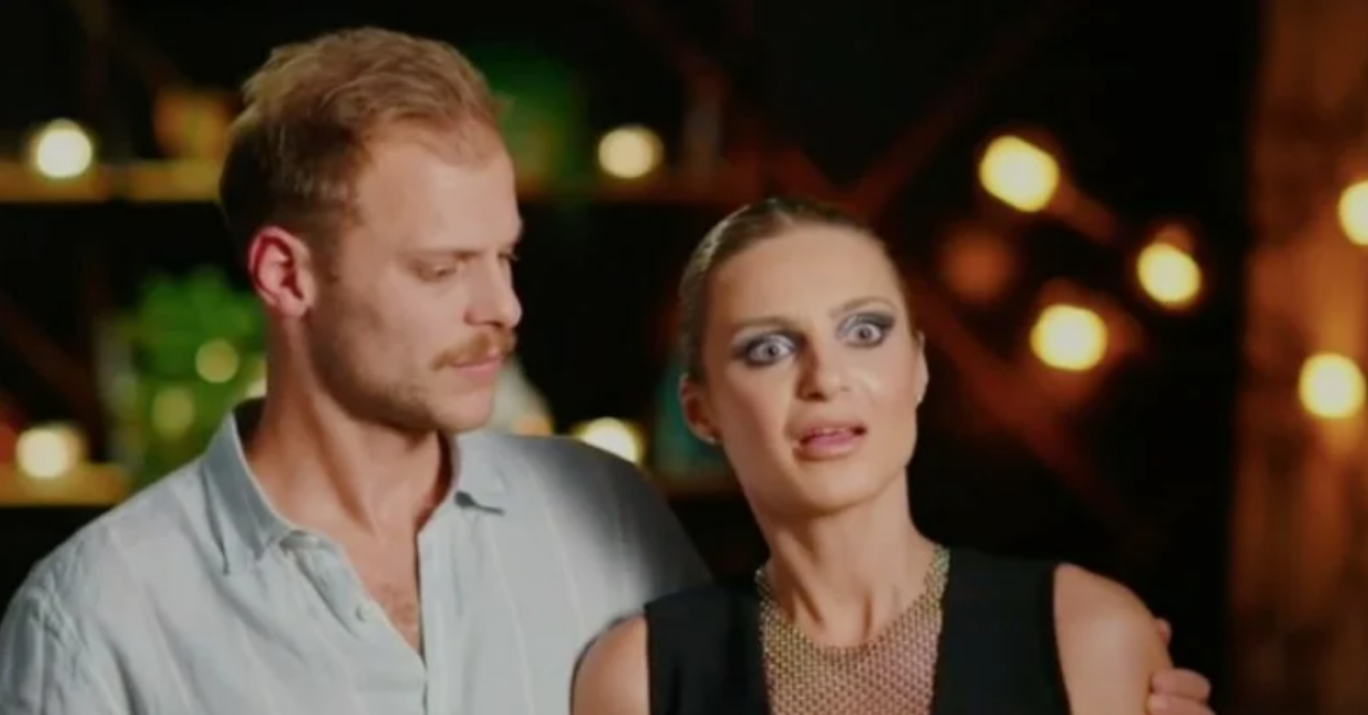 Dom looking shocked with partner Jack on MAFS Australia