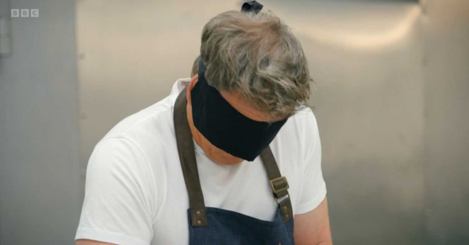 Gordon Ramsay wearing a blindfold on Future Food Stars