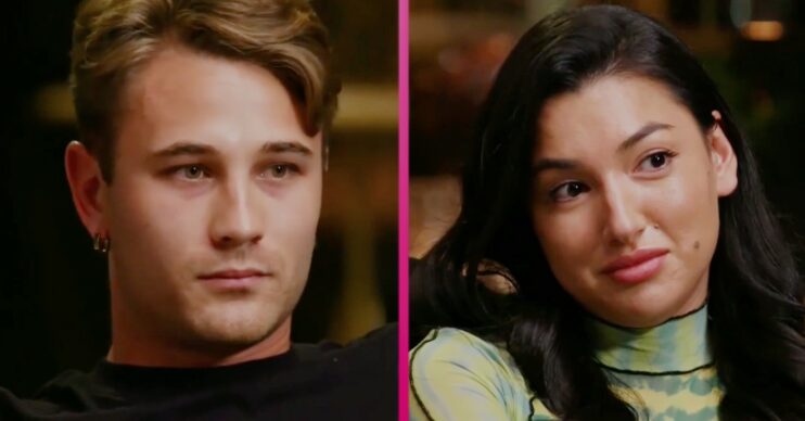 Ella smiling and Mitch frowning on Married At First Sight Australia