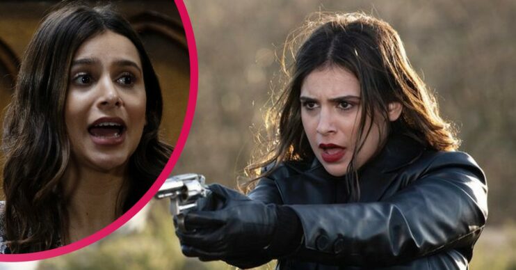 Meena comp for Emmerdale - holding gun and looking shocked