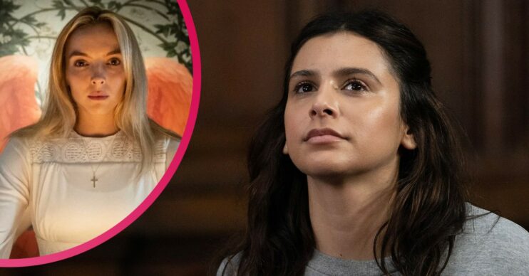 Meena from Emmerdale smirking and Killing Eva's Villanelle looking sinister in a comp image