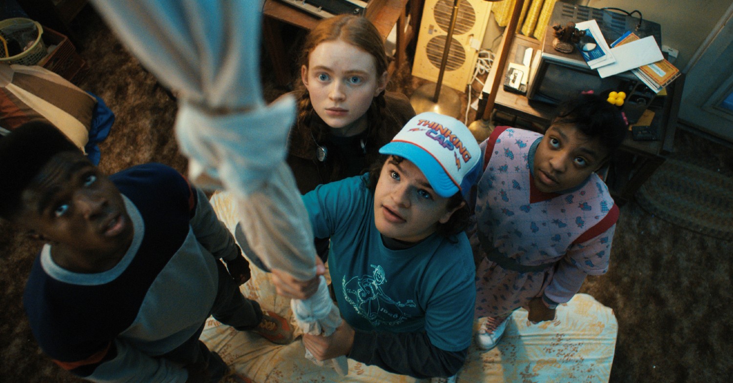 Dustin, Max and Lucas looking up in Stranger Things season 4