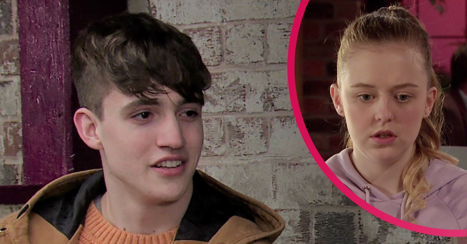 Aaron smiling and Summer looking worried in Coronation Street