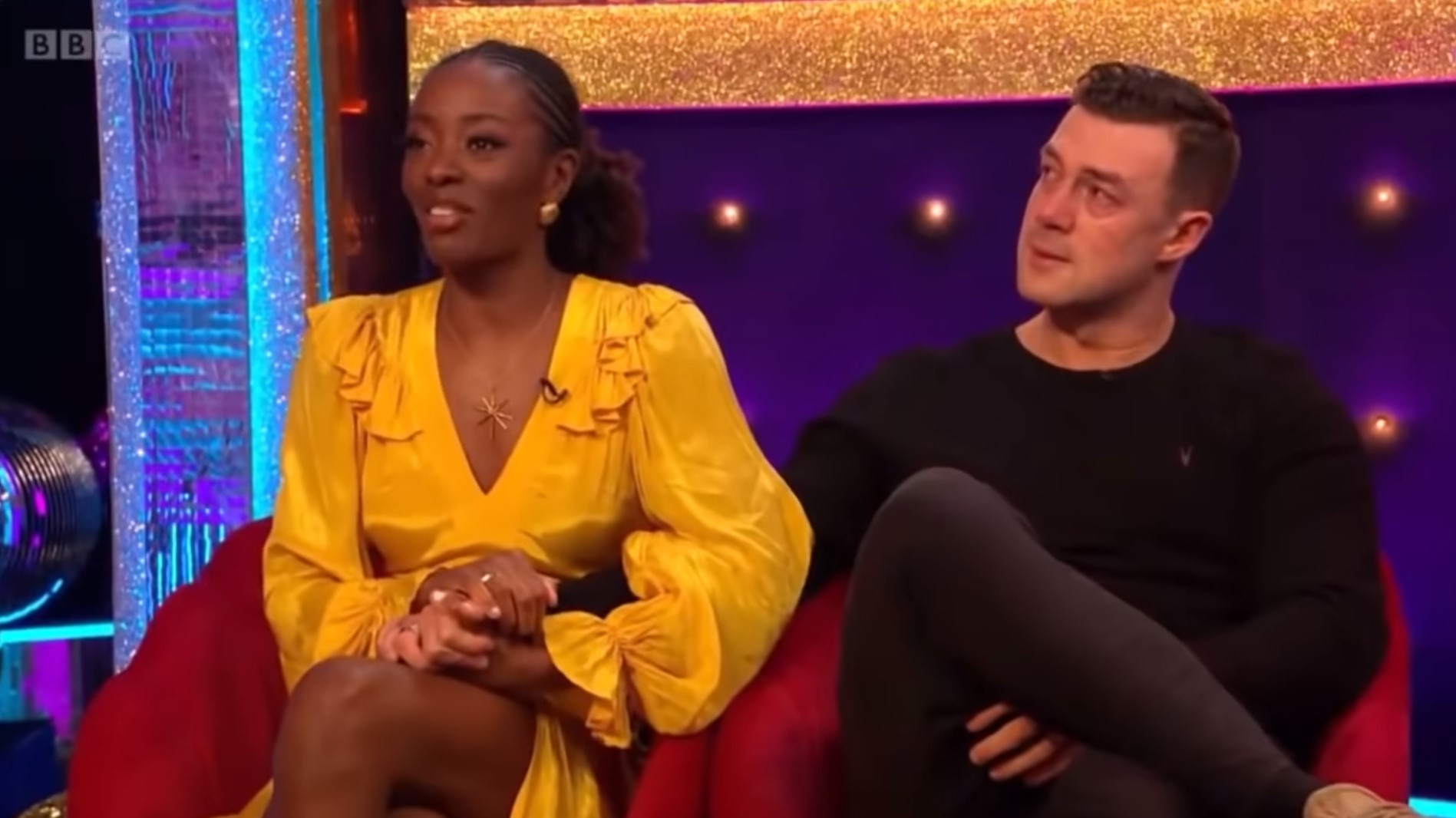 Aj Odudu and Kai Widdrington hold hands in tears on ITT sofa
