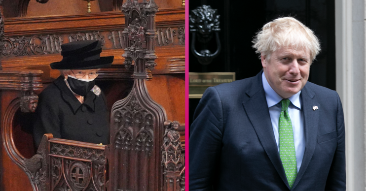 Boris Johnson smiling and the Queen at Philips' funeral
