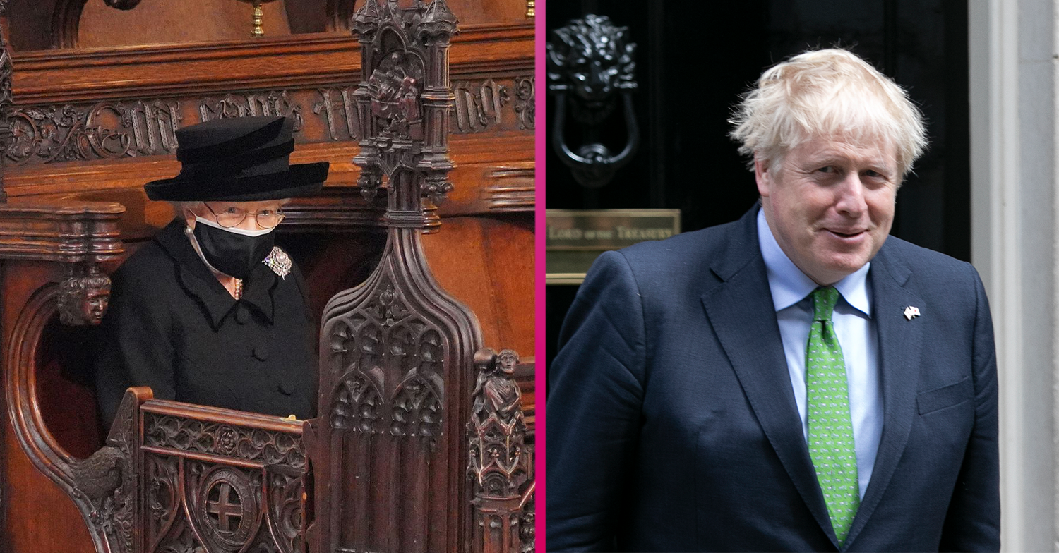 Boris Johnson smiling and the Queen at Philips' funeral