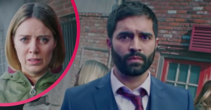 Imran and Abi looking distraught in Corrie
