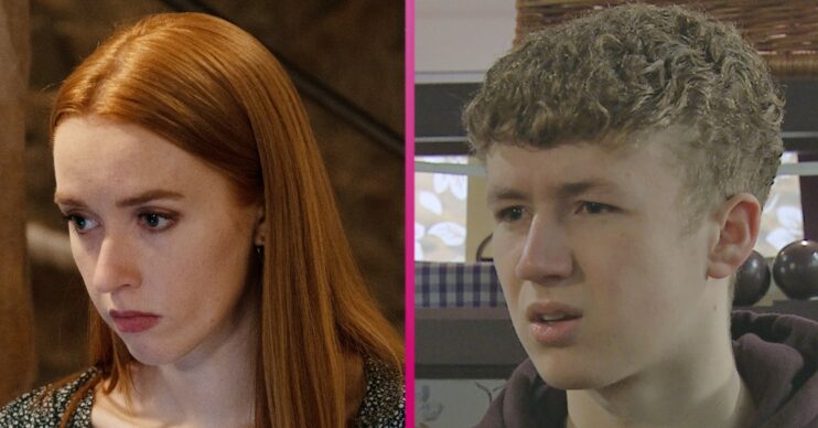 Chloe looking shocked and Noah looking annoyed in Emmerdale