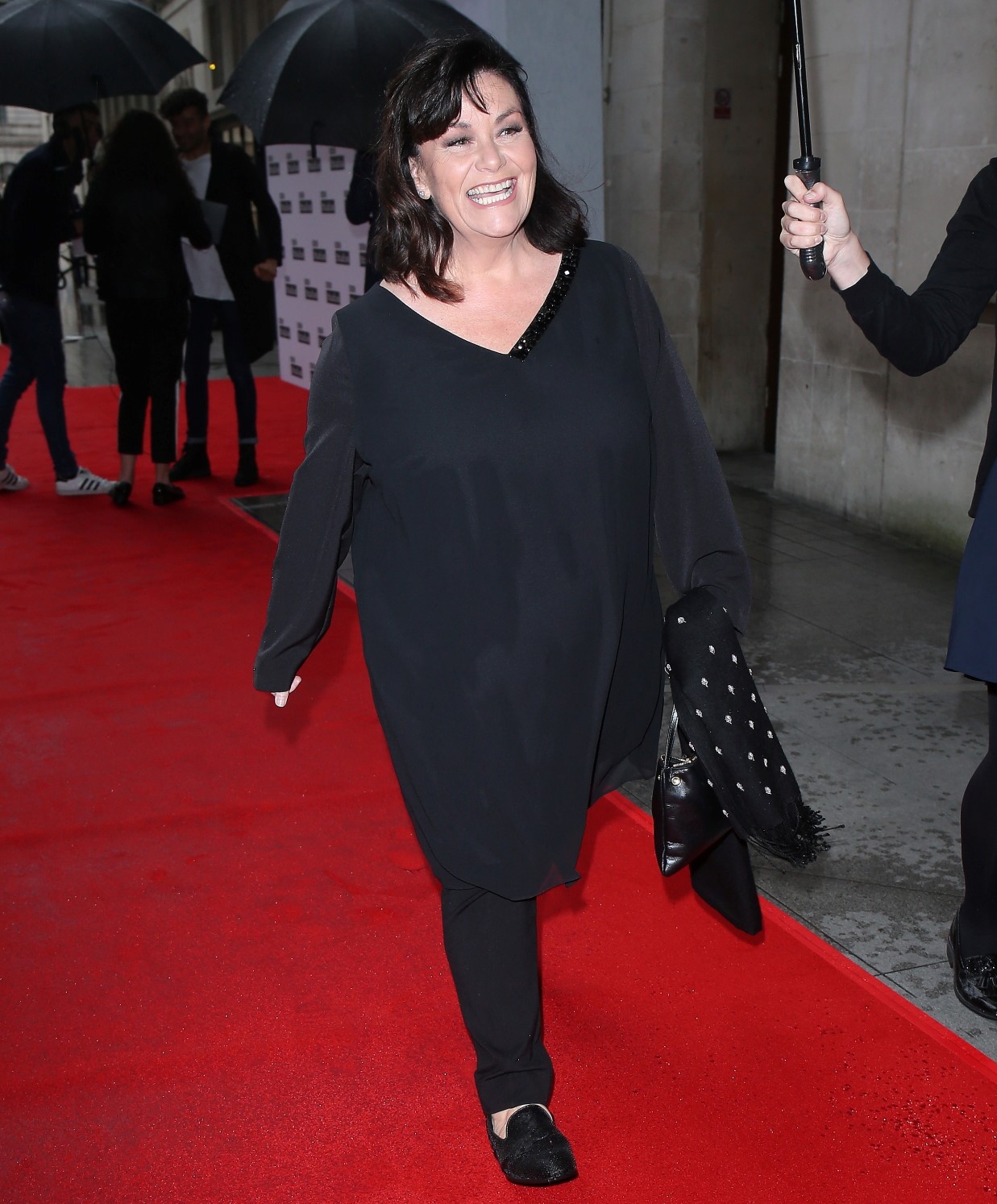 Dawn French in all black outfit