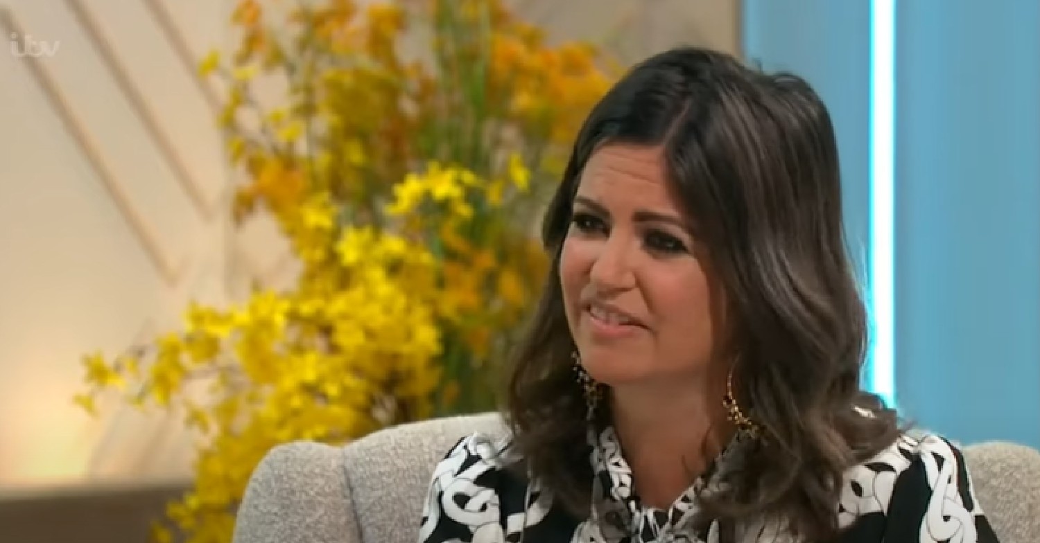 Deborah James in black and white blouse on Lorraine