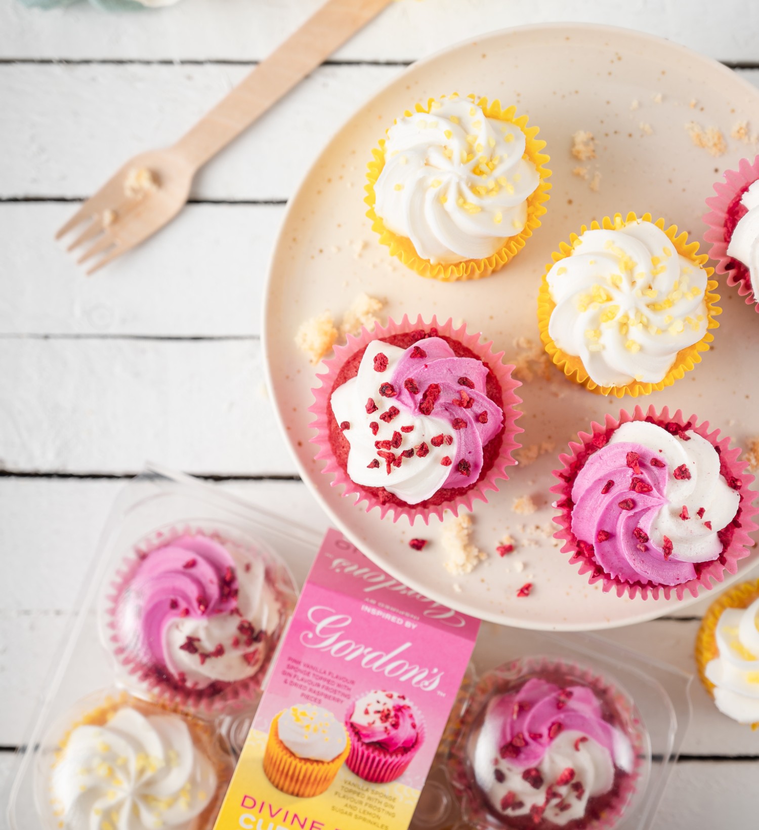 Gordon's gin cupcakes in the flavours vanilla sponge and pink vanilla
