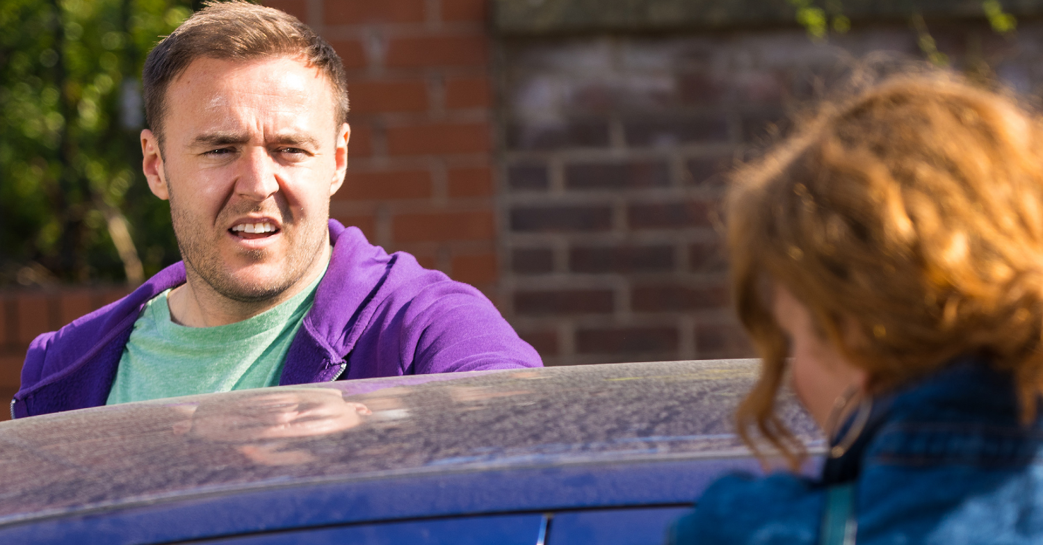 Coronation Street Fiz and Tyrone chatting in the sunshine