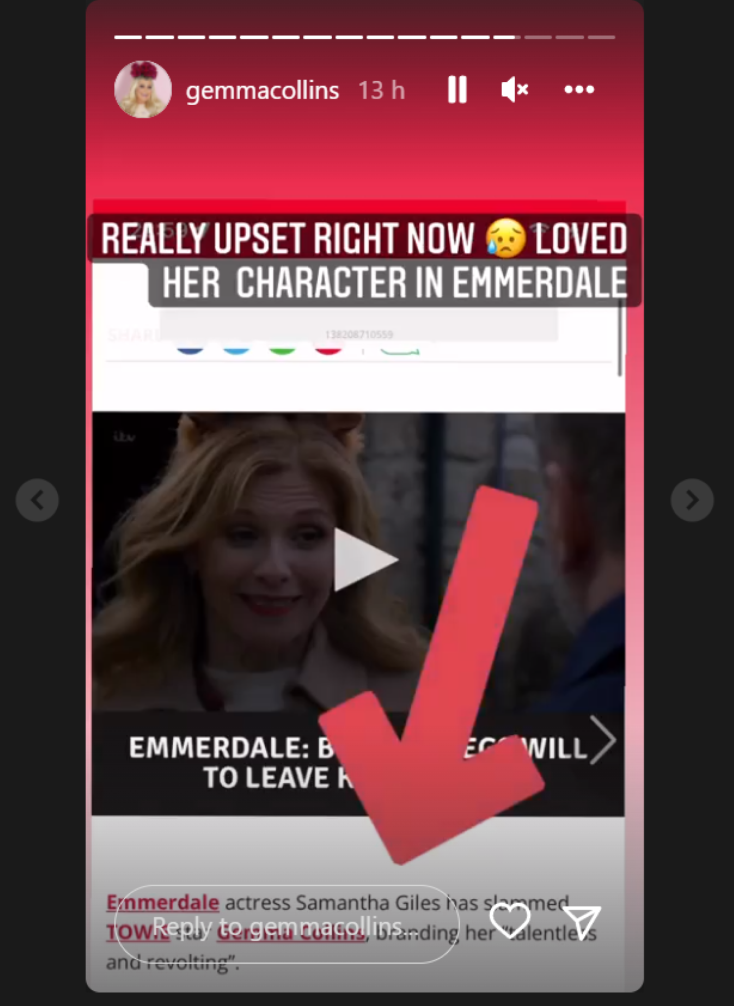 Gemma admitted she was a fan of Bernice in Emmerdale on her Instagram stories 