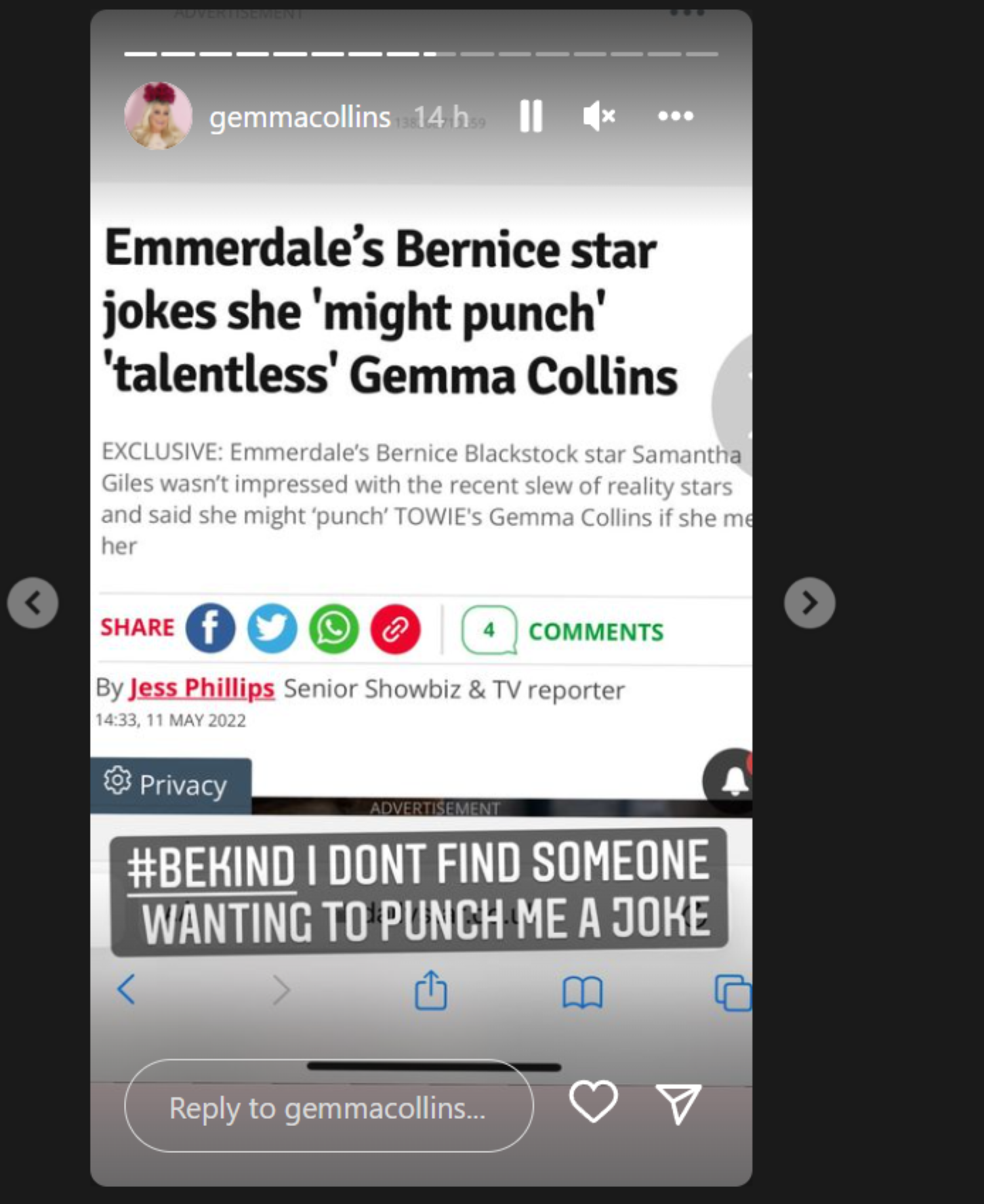Gemma Collins Instagram story Samantha Giles