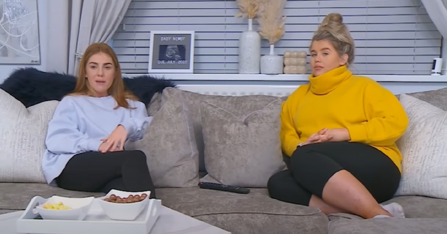 Abbie and Georgia Bell sat on their sofa on Gogglebox