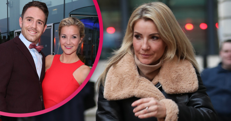 Helen Skelton in a red skirt scowling and with her husband smiling