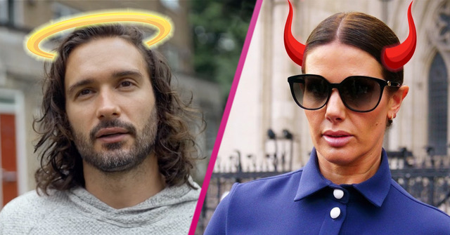Joe Wicks wearing a halo alongside Rebekah Vardy wearing devil horns