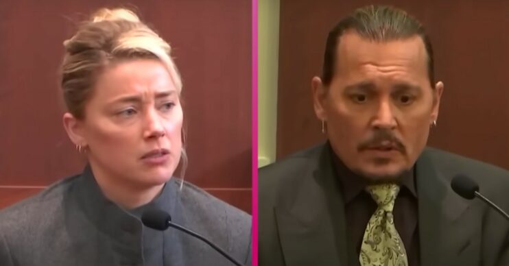 Amber Heard looks emotional and Johnny Depp looks concerned