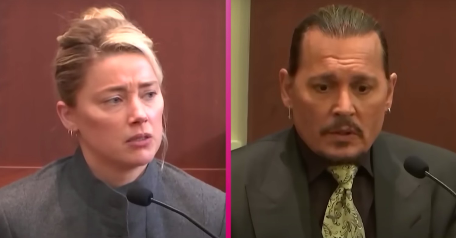 Amber Heard looks emotional and Johnny Depp looks concerned