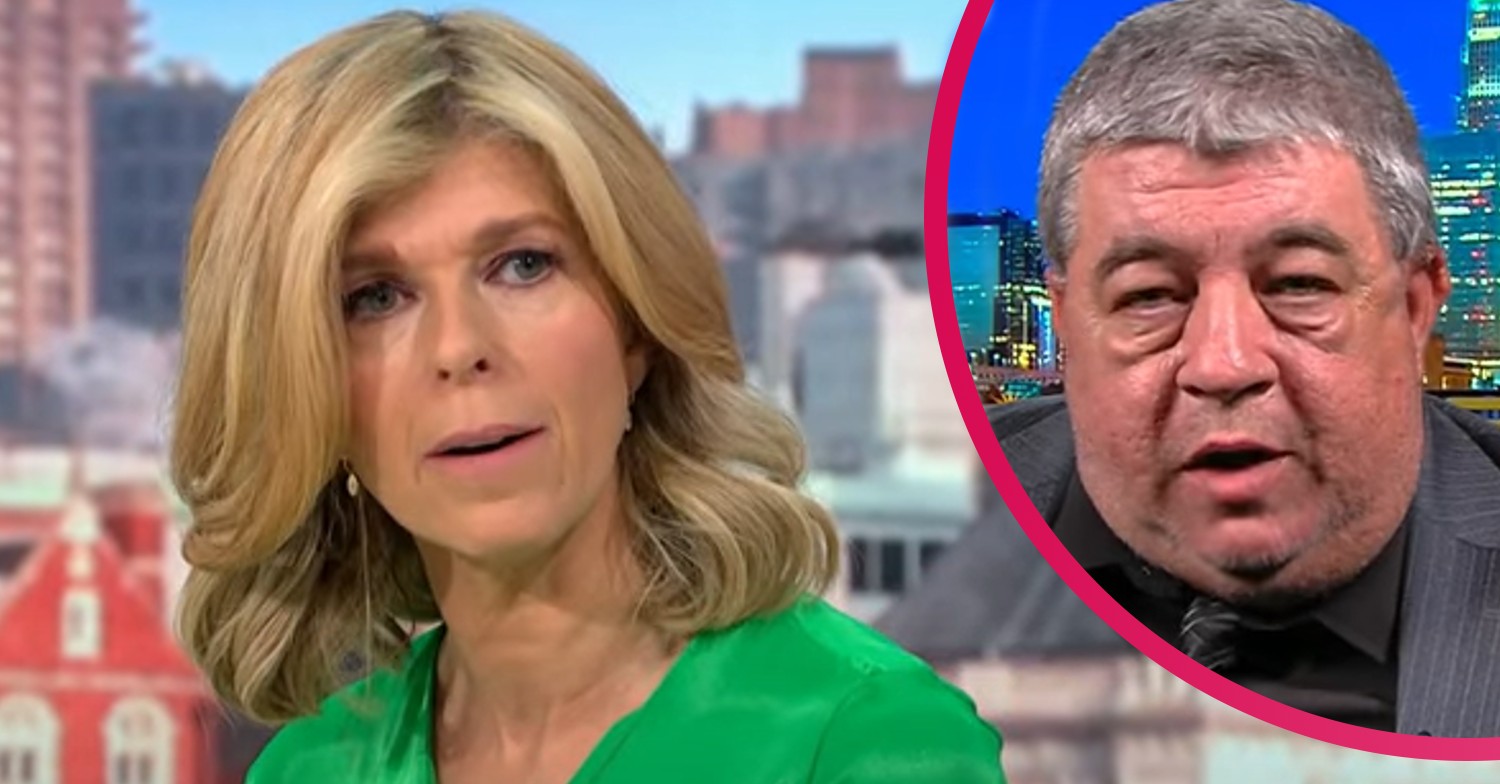 Kate Garraway in green outfit on GMB today alongside guest speaking via video call