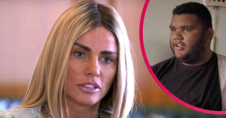 Katie Price looks serious as Harvey Price smiles