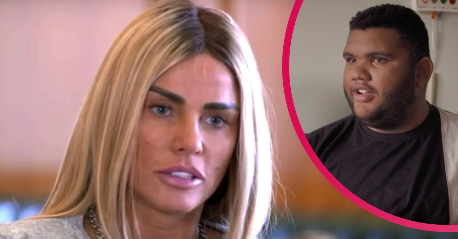 Katie Price looks serious as Harvey Price smiles