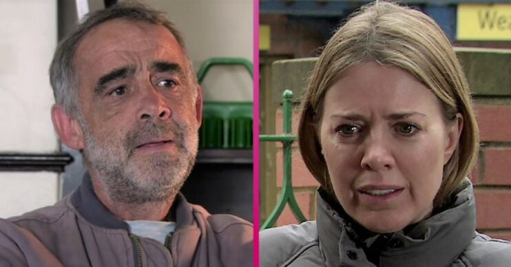 Kevin and Abi looking concerned in Coronation Street