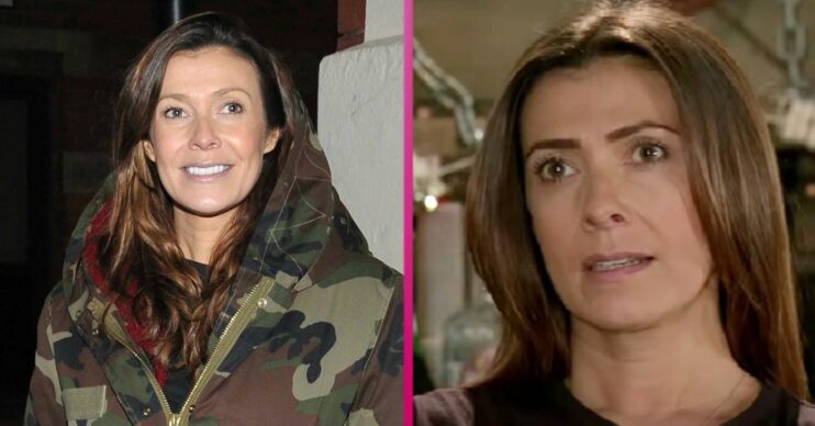 Kym Marsh smiling and Michelle Connor looking worried on Coronation Street