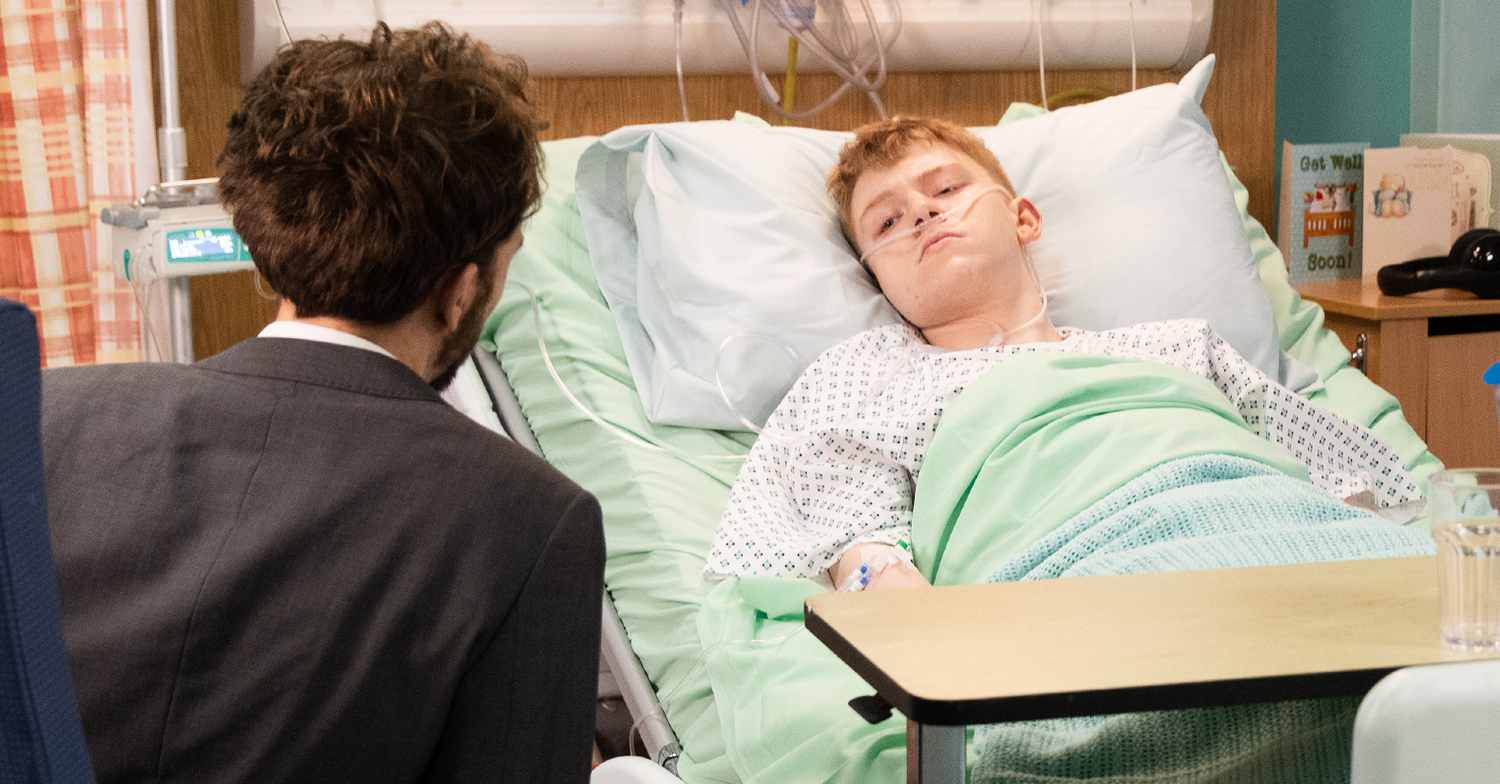Coronation Street Max in hospital chatting to David Platt