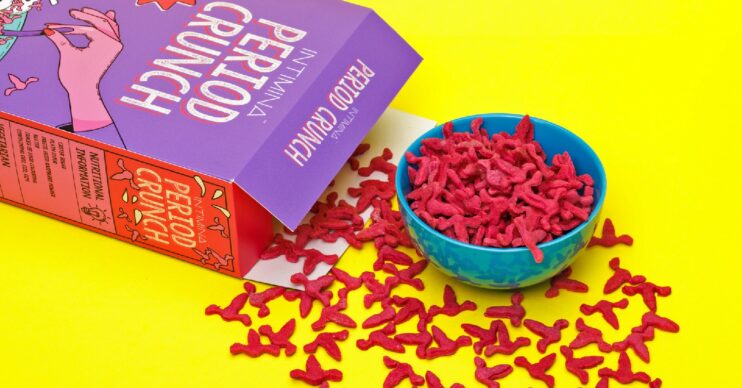 Menstrual-themed breakfast cereal Period Crunch in the box and in a bowl in promo photos