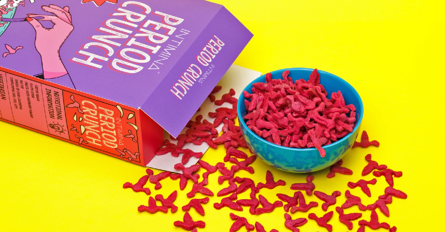 Menstrual-themed breakfast cereal Period Crunch in the box and in a bowl in promo photos