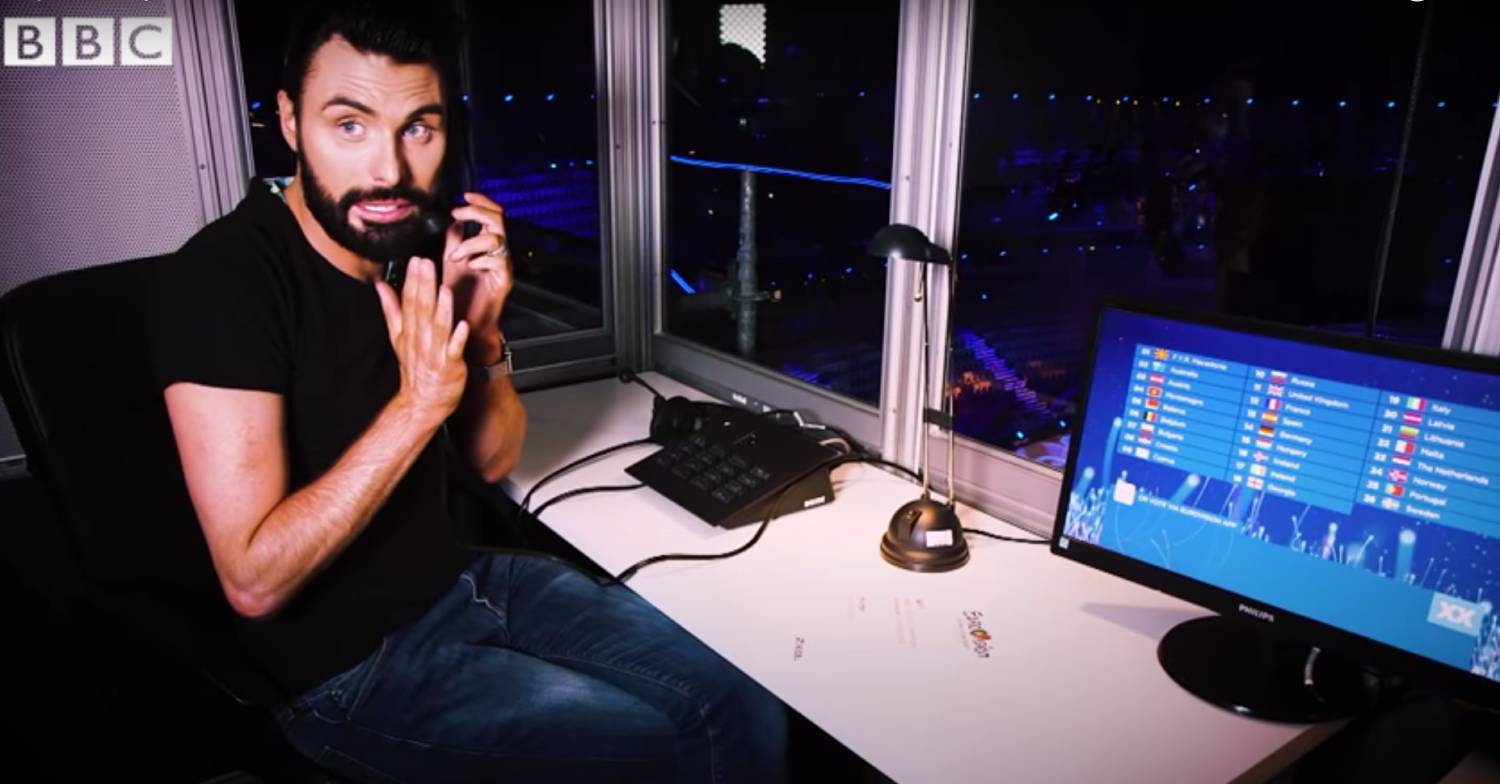 Rylan get into position for Eurovision commentary