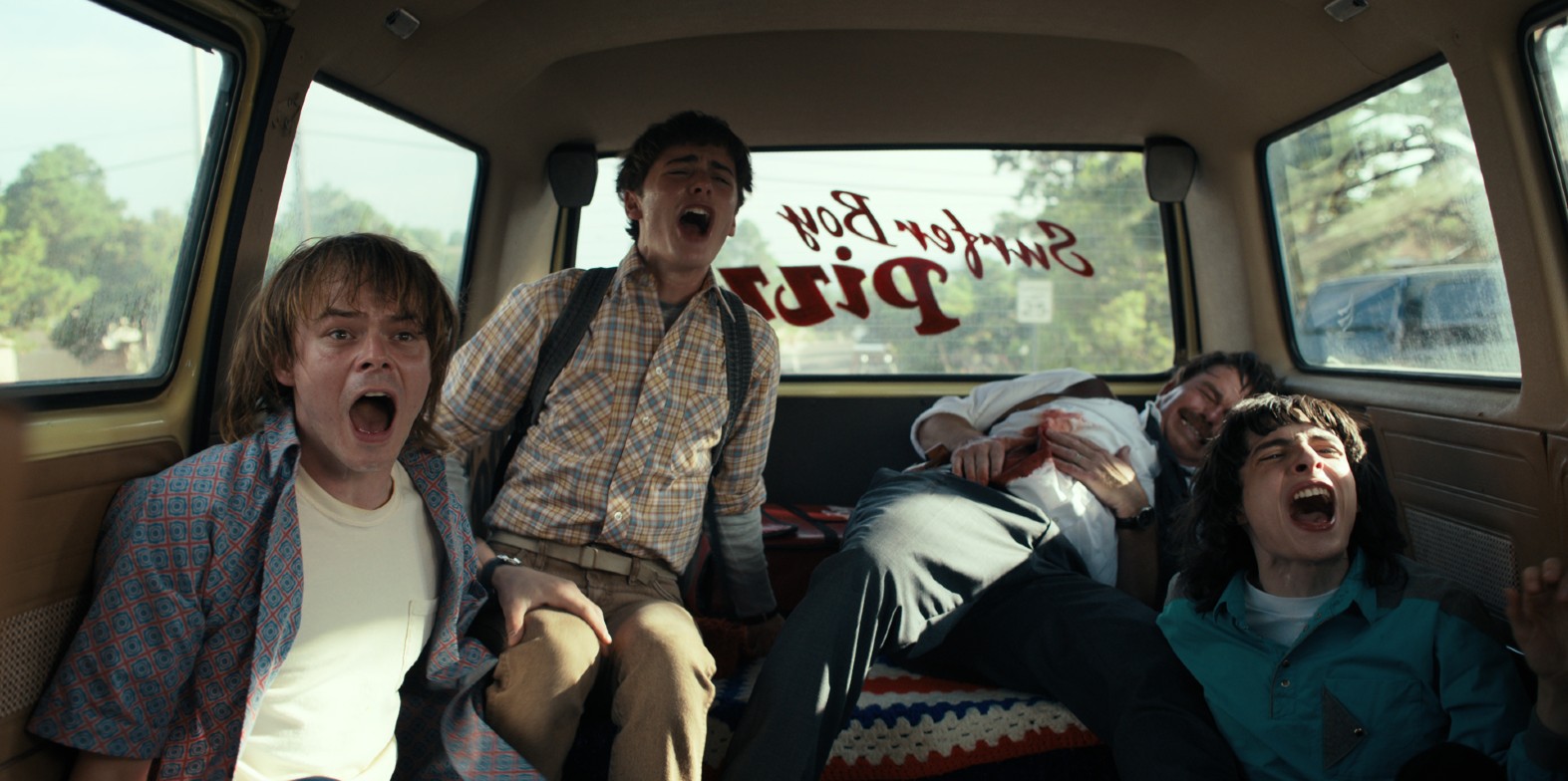 Mike, Wil and Jonathan screaming in Stranger Things season 4